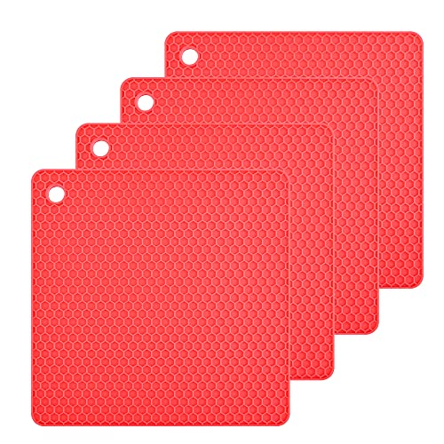 Silicone Trivet Mat for Hot Dish and Pot Hot Pads Counter Mat Heat Resistant Tablemats or Placemats 4 Pack,Size:7.5x7.5 Inch, Color: Red, Shape:Square - color: D: Red