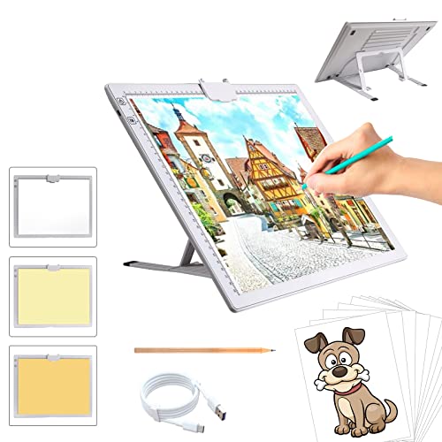 A3 Rechargeable Light Pad, TOHETO 2500mAh Battery Powered Light Board with Stand Top Magnetic Clip 3 Colors Stepless Dimmable 6 Levels Brightness Light Box for Diamond Painting Weeding Vinyl (White) - style: A3 (White)