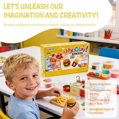 Food Clay Kit for Kids – 12 Mini Food Themes: Pizza, Burger, Fries & More | Air Dry Modeling Set with Tools & Tutorials | Non-Sticky | Creative Gift for Boys Girls 3+