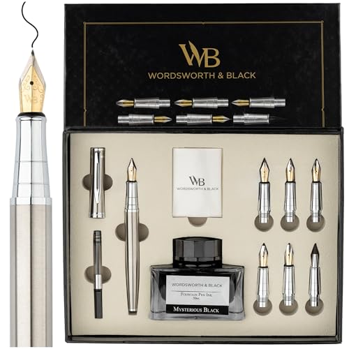 Wordsworth & Black Calligraphy Pen Gift Set, Includes Bottle, 6 Cartridges, 1 Refill Converter, 6 Replacement Nibs, Premium Package, Journaling, Smooth Writing Pens [Silver Chrome] - color: Silver Chrome