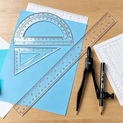 6 Pcs Plastic Geometry Math Set, 12 Inch Ruler, Compass, Sharpener, Pencil,Protractor & Square for Student School Office