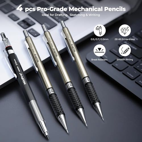 Nicpro 16PCS Drafting Tools with 12‘’ Aluminum Architectural Scale Ruler, Mechanical Pencils 0.5, 0.7, 0.9 & 2mm, Lead Refills, 2 Pack Graph Paper, Geometry Drawing Kit for Engineers Students Design