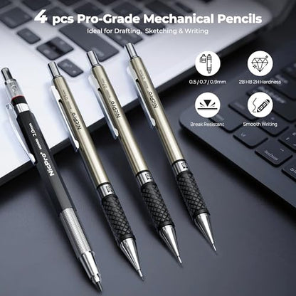 Nicpro 16PCS Drafting Tools with 12‘’ Aluminum Architectural Scale Ruler, Mechanical Pencils 0.5, 0.7, 0.9 & 2mm, Lead Refills, 2 Pack Graph Paper, Geometry Drawing Kit for Engineers Students Design