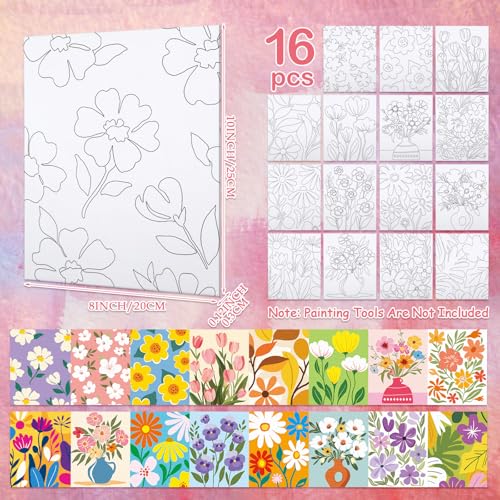 16 Pcs Pre Drawn Canvas for Painting for Adults Sip and Paint Kit Pre Printed Canvas to Paint DIY Art Party Supplies Girls Night Date Night (Floral Pattern, 8x10 in) - size: 8x10 in, style: Floral Pattern