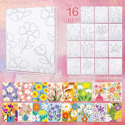 16 Pcs Pre Drawn Canvas for Painting for Adults Sip and Paint Kit Pre Printed Canvas to Paint DIY Art Party Supplies Girls Night Date Night (Floral Pattern, 8x10 in) - size: 8x10 in, style: Floral Pattern