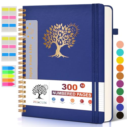 PERCUN Spiral Notebook 300 Numbered Lined Pages Hardcover Journal 8.5"x11" | College Ruled Spiral Bound Notebook with Tabs, A4 Large Leather Journal for Women Men, Work, School, Writing & Note Taking - color: Navy, size: A4 size (8.5in x 11.5in)
