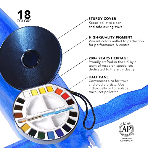 AQUAFINE Watercolour Metallkasten Reise-Dose 18 x 1/2 Näpfchen, 1 Pinsel, 2 Paletten