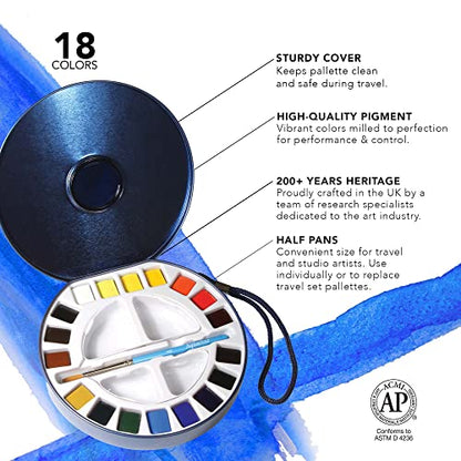 AQUAFINE Watercolour Metallkasten Reise-Dose 18 x 1/2 Näpfchen, 1 Pinsel, 2 Paletten