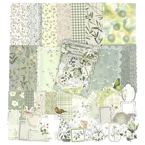OKUPAN Scrapbook Supplies Kit – 100Pcs Vintage Floral Scrapbook Paper & Junk Journal Stickers, Journaling Supplies for Bullet Journaling, Retro Crafts, Mixed Media, Planner, Collage Card Album (Green) - color: Green