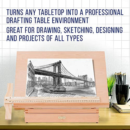 U.S. Art Supply Large 20-1/2" x 16" Wooden Drawing Board, Adjustable Table Top Easel for Painting and Drawing - Drafting Board with 5 Angles, T-Square, Pencil Ledge, Locking Storage Drawer