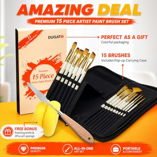 DUGATO Paint Brush Set 15 pc with Pop-Up Case, Palette Knife & Sponges | Short Handle Brushes for Oil, Acrylic, Gouache, Watercolor, Model & Craft, Includes Mixing Knife & Sponge - color: Premium Bristle - 15pcs