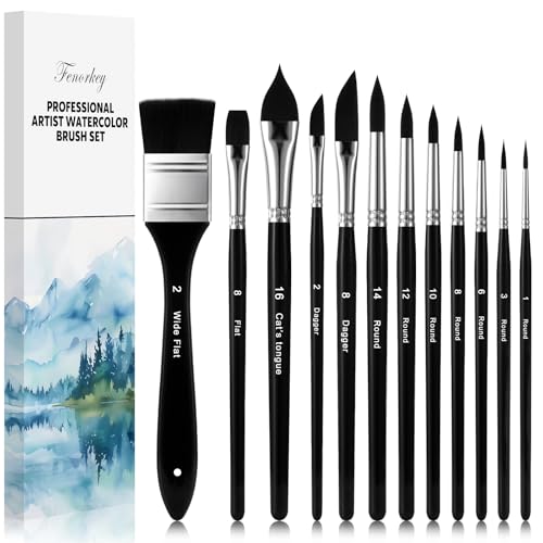 Watercolor Brushes Professional Set，FENORKEY 12Pcs Synthetic Squirrel Hair Artist Watercolor Paint Brushes, Including Round Pointed, Flat, Dagger, Cat's Tongue for Watercolor Gouache Inks Painting