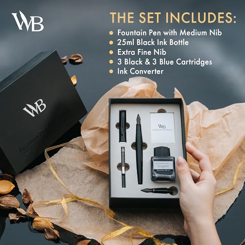 Wordsworth & Black Fountain Pen Set, 18K Gilded Medium and Extra Fine Nib, 25ML Black Ink Bottle, 6 Ink Cartridges,Refill Converter,Gift Box,Smooth Writing Pens [All Black],Gift Set for Men and Women - color: All Black