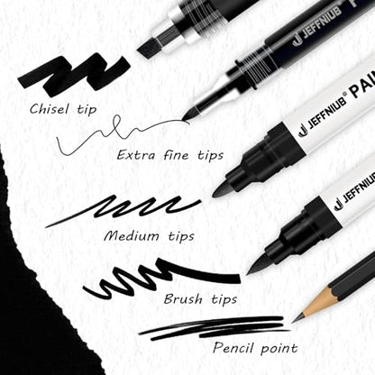 5 Black Paint Pens - Fine Tip, Brush Tip, Round Tip, Chisel tip & Pencil Point Pens, Black Acrylic Paint Markers for Rock Painting, Wood, Metal, Fabric, Canvas, Highlighting, Sketching