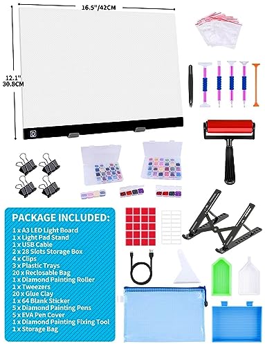 A3 LED Light Pad for Diamond Painting,Ratukall Diamond Art Light Board Kit,Adjustable Brightness Light Box for Tracing with Diamond Painting Accessories and Tools Includes Storage Case, Pens,Stand - style: 02-A3 Light Pad Kit