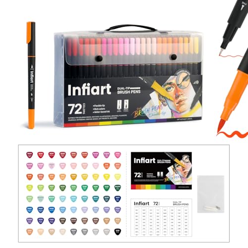 72 Colors Dual Tip Brush Pens, Water-Based Markers with Fine Tip and Brush Tip, Non-Toxic Art Supplies for Adult Coloring Books, Calligraphy, Sketching, Journaling, Drawing - color: 72 Colors