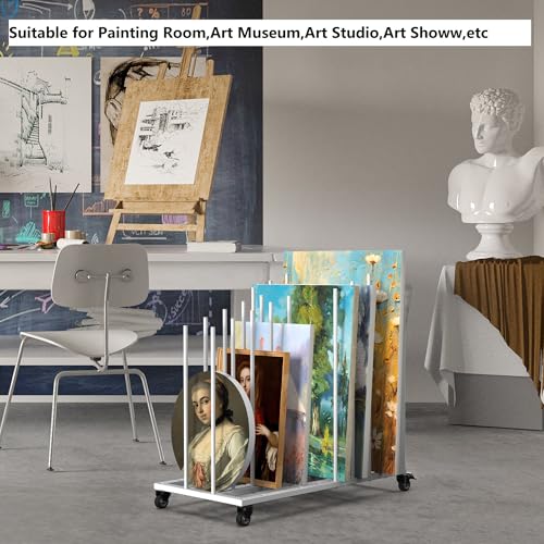Rolling Art Canvas Storage Rack on Wheels, Adjustable Metal Framed Artwork Drying Holder, Large Vertical Picture Frame Display Stand for Painting Boards, Framed Picture, Shipping Box (White) - color: White