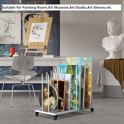 Rolling Art Canvas Storage Rack on Wheels, Adjustable Metal Framed Artwork Drying Holder, Large Vertical Picture Frame Display Stand for Painting Boards, Framed Picture, Shipping Box (White) - color: White