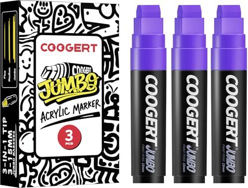 Coogert 3Pcs Purple Jumbo Poster Markers, 15MM Thick Permanent Acrylic Graffiti Markers, Wide Tip Paint Marker for Canvas, Posters Board, Fabric, Window, Glass, Wood, Teachers,Banner painting supplies - color: Purple