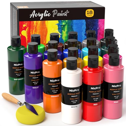 Nicpro 18 Colors Large Acrylic Paint Set, 8.45oz/250 ml Artist Painting Supplies Bulk Non-Toxic For Multi Surface Canvas Wood Fabric Leather Cardboard Paper Crafts Rock Window Hobby with Color Wheel - color: 18 Colors, size: 8.45 Fl Oz (Pack of 18)