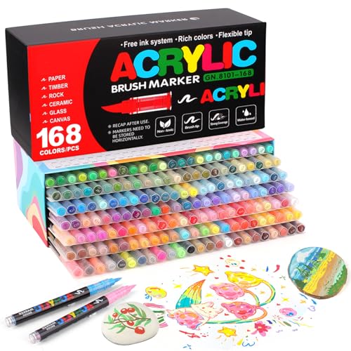 168 Colors Soft Brush Tip Acrylic Markers Set, Paint Pens for Rock, Wood, Fabric, Canvas, Glass, DIY Crafts, Waterproof Paint Markers, Vibrant Acrylic Pens for Artists and Art Projects - style: 168 colors