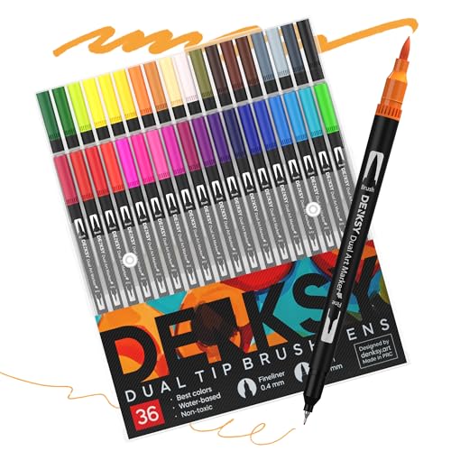 36 Watercolor Markers Set | Water Color Pens with Brush & Fineliner, Water-Based Art Markers | Dual Tip Markers for Adult Coloring, Lettering, Calligraphy, Sketching, Journaling & Illustration - color: Black