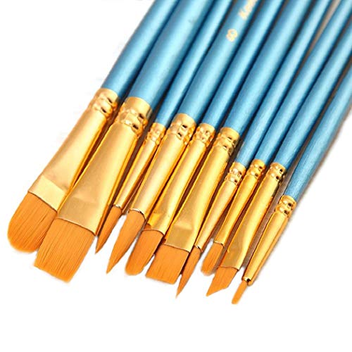 1 Set of 10 Pieces Synthetic Hair Paint Brushes, Blue, for Acrylic, Oil and Watercolor Painting - size: 1 Set