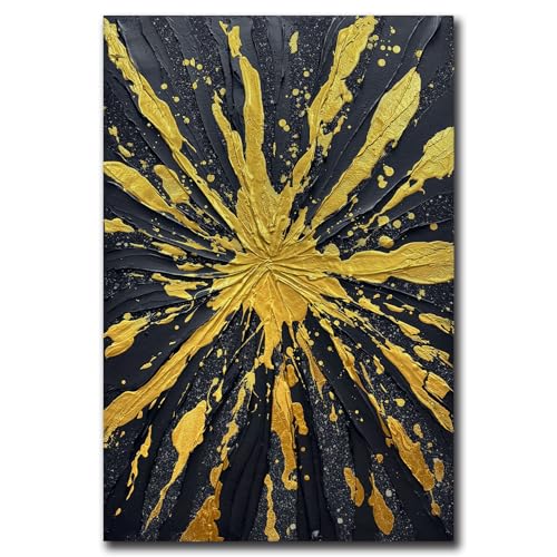 V-inspire Art Modern Abstract Canvas Wall Art, Black and Gold Starburst Design, Hand-Painted Oil Acrylic, 28x40 Inch