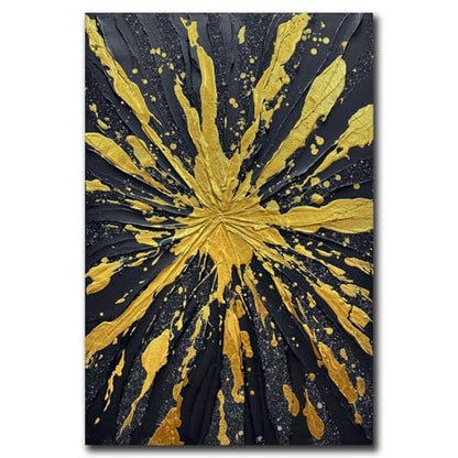 V-inspire Art Modern Abstract Canvas Wall Art, Black and Gold Starburst Design, Hand-Painted Oil Acrylic, 28x40 Inch