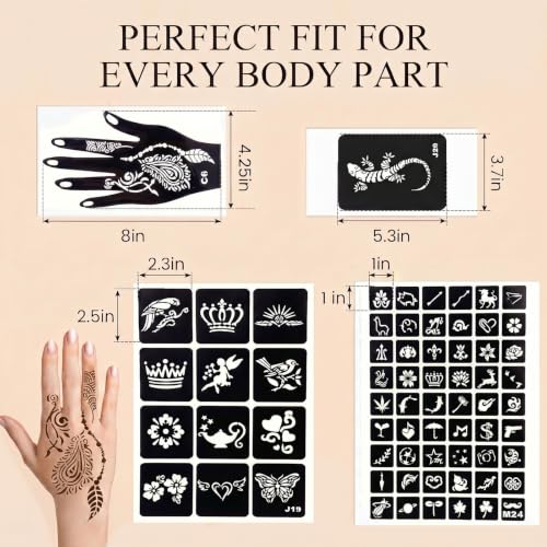 Koogel 281PCS Semi Permanent Tattoo, 12 Sheets Henna Women Tattoo Stencil Temporary Stickers for Face Paint Body Art - color: Black3