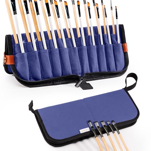 Stand Up Canvas Paint Brush Holder Case for Artists, 22 Slots Brush Organizer with Pop-Up Stand, Zippered Travel Paint Brush Storage Bag for Acrylic Oil Watercolor Brushes, Portable Paintbrush Case - color: Navy, size: Medium 6*11"