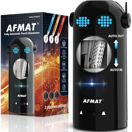 AFMAT Electric Pencil Sharpener, Fully Automatic Colored Pencil Sharpener for 7-11.5mm Pencils, Auto in & Out, Robot Pencil Sharpeners for Kids, Rechargeable Hands-Free with Dotted Eyes, PSX5ET, Black - color: Black
