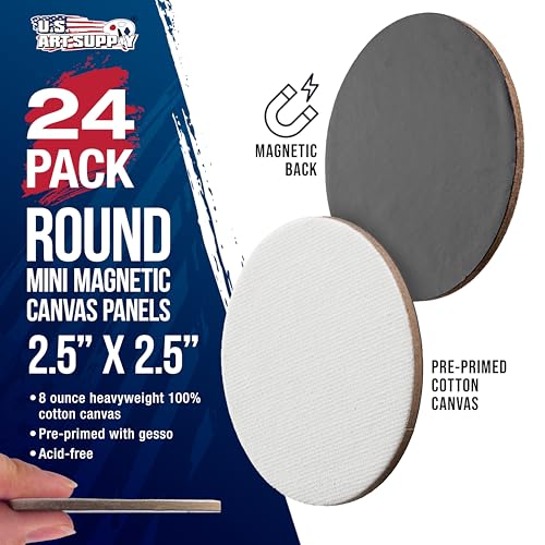U.S. Art Supply Mini Magnetic Canvas Panels, 24 Pack, 2.5 Inch Round, Primed 8 Ounce Heavyweight Cotton, Small Canvases for Painting Acrylic and Watercolor, White Square Flat Canvas Boards - size: 2.5"
