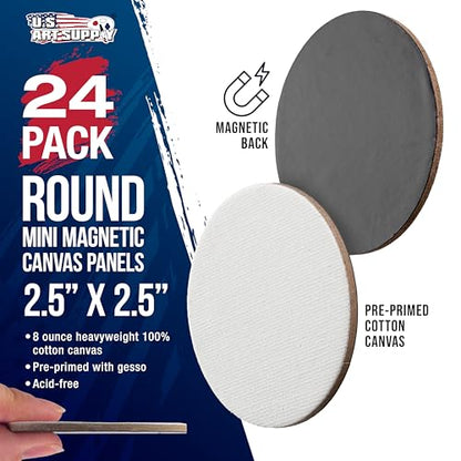 U.S. Art Supply Mini Magnetic Canvas Panels, 24 Pack, 2.5 Inch Round, Primed 8 Ounce Heavyweight Cotton, Small Canvases for Painting Acrylic and Watercolor, White Square Flat Canvas Boards - size: 2.5"