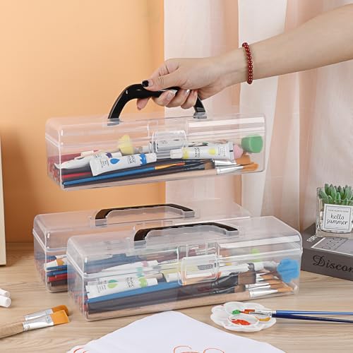 BTSKY 3 Pack Clear Plastic Painting Brush Container with Black Handle, Portable Long Paintbrush Case, Drawing Tools Storage Box, Practical Art Supply Organizer for Artist Crafters, 11.8"x3.5"x3.4"