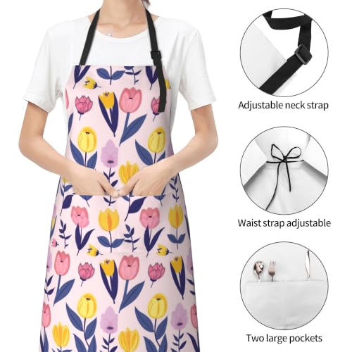 Cream Pastel Wildflower Art Waterproof Apron with Pockets | Garden Aprons for Men Women Adjustable Bib Apron for Cooking Kitchen Baking BBQ Painting Housework Oil Resistant - color: Playful Spring Bloom