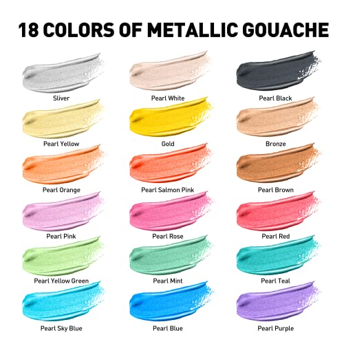 HIMI Metallic Gouache Paints Set, 18 Colors, 30g, 18 US fl oz, Non Toxic Paint for Canvas and Paper, Art Supplies for Professionals, Students