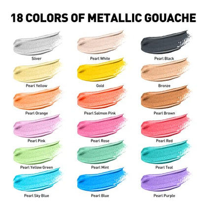 HIMI Metallic Gouache Paints Set, 18 Colors, 30g, 18 US fl oz, Non Toxic Paint for Canvas and Paper, Art Supplies for Professionals, Students