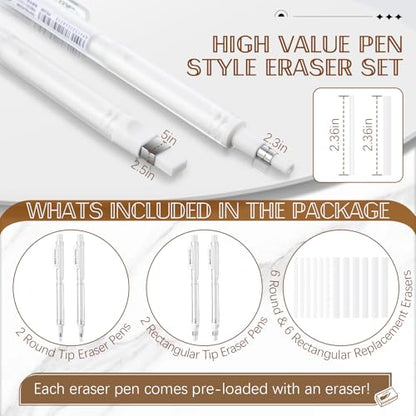 4 Pack Mechanical Eraser Pen, 2.3mm Round & 2.5mm Rectangular Tips, Mechanical Eraser Pencil with 12 Refills, Pen-Style Erasers for Artists, Students & Professionals Drawing, Drafting, Art & Writing