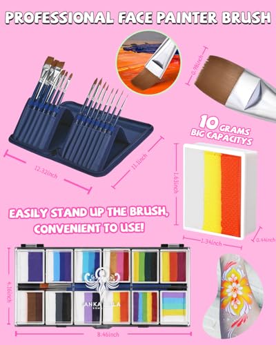 Anka Bella Professional Face Painting Kit for Kids,12X10gm Water Based Split Cake Face Paint with Stencil & Brushes,Hypoallergenic & Non-Toxic,Gift for Birthday Parties/Halloween/Carnival - color: Rainbow Falls set