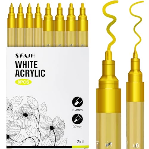 SFAIH Acrylic Gold Paint Pens - 8 Pack 2-3MM Medium Tip & 0.7MM Extra Fine Gold Markers Permanent for Rock, Wood, Metal, Fabric, Plastic, Glass, Ceramic, Diy Crafts, Large Ink Capacity, High Coverage - color: Gold
