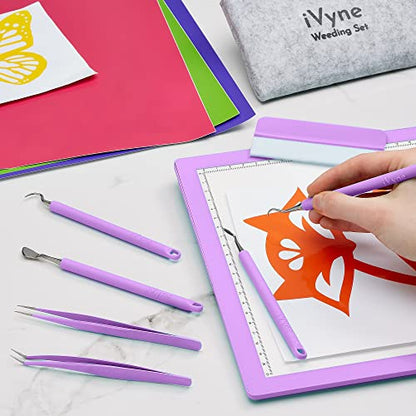 iVyne (8pcs) Premium Vinyl Weeding Tool Kit & Weeding Scrap Collector Soft Grip Tools with Berry, Weeder, Tweezers, Picker Or Hook, and Scraper Set for Silhouette Cameos & HTV - Purple - color: Silicone Tools & Berry Purple