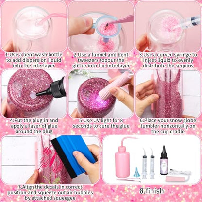 Meanplan 6 Pack DIY Plastic Snow Globe Tumbler Supplies Kit 16oz Pre Drilled Double Wall Clear Cup 20 Colors Glitter Squeeze Bottle Funnel Tweezer Bent Syringe UV Resin Flashlight Cup Holder Scraper