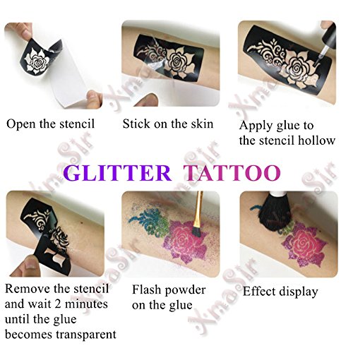 Xmasir 6 Sheet Christmas Temporary Tattoos Stencils, Kids Xmas Glitter Drawing Tattoo Templates Waterproof for Body Art Painting Party Decoration