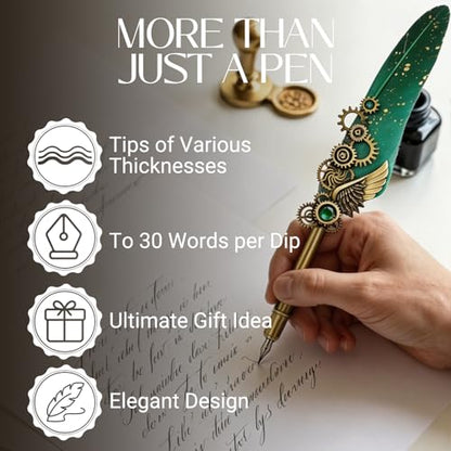 Joyeee Green Quill Pen and Ink Set, including Punk Mechanical Style Feather Pen, Black Ink, Pen Holder, Gift Box, Fancy Writing Pen Calligraphy Kit for Writing Lovers to Creative Hand Lettering - color: Green Feather Pen Set