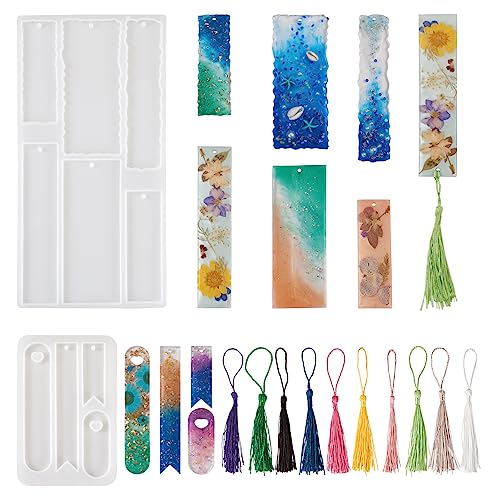 Craftdady 2Pcs Resin Bookmark Mold Rectangle Oval Flag Silicone Resin Molds with 20Pcs Bookmark Tassels 10 Colors for Epoxy Resin Casting - color: Transparent, Bookmarks