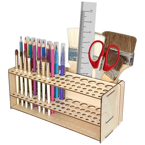 Wooden Paint Brush Holder with Glue 67 Hole and Large Tool Compartment Paint Brush Organizer Desk Paintbrush Holder Stand Wood Paintbrush Rack