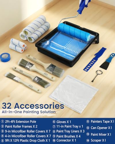 32PCS Paint Roller Kit with Extension Pole - 2 to 4 FT Pole, 4 inch 9 inch Paint Rollers, Paint Brushes for Walls, Painters Tape & Drop Cloth, Microfiber Roller Covers for Professional Painting - size: 32PCS
