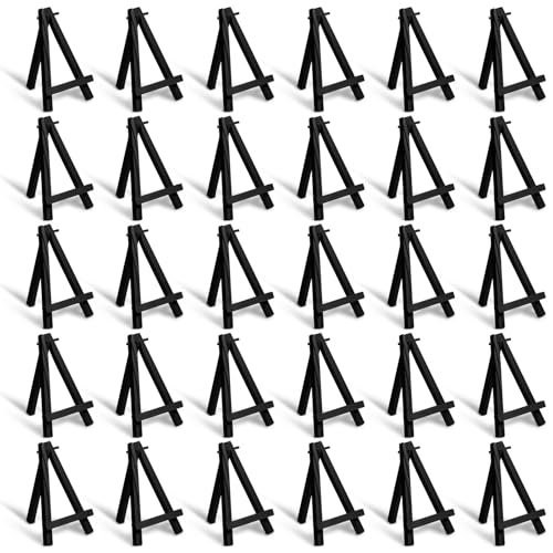 Mimorou 30 Pack 5 Inch Mini Easel Wood Display Artist Small Wooden Easel Stand Art Craft Painting Triangle Stand Canvas Holder for Card Artist Photos Tabletop Phone Wedding (Black) - size: Black
