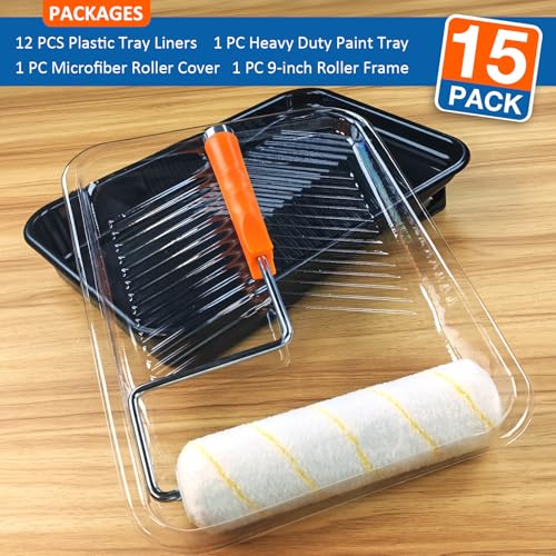 Great Andrew 9 Inch Paint Tray Set, 15-Pack, Plastic Paint Tray with 12 Textured Tray Liners, Paint Brush, Paint Roller and Wire Roller Frame for Painting Walls, Ceilings, Trim, Siding - size: 15 Pack Liners Kit, 9 In